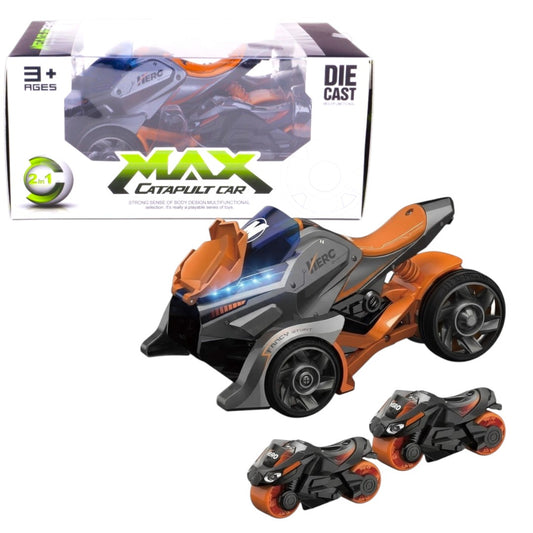 Max Catapult Car 2-in-1 Die Cast Transform Bike Toy – Push & Launch Action Vehicle for Kids (Orange Edition, 3+ Years)
