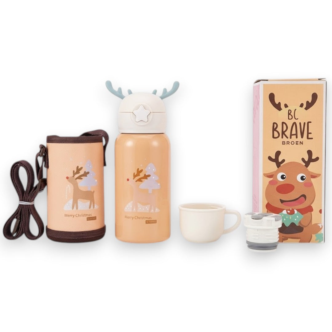 Kids Insulated Stainless Steel Water Bottle with Cup & Carry Pouch – Leakproof School Bottle with Shoulder Strap (Reindeer Design)