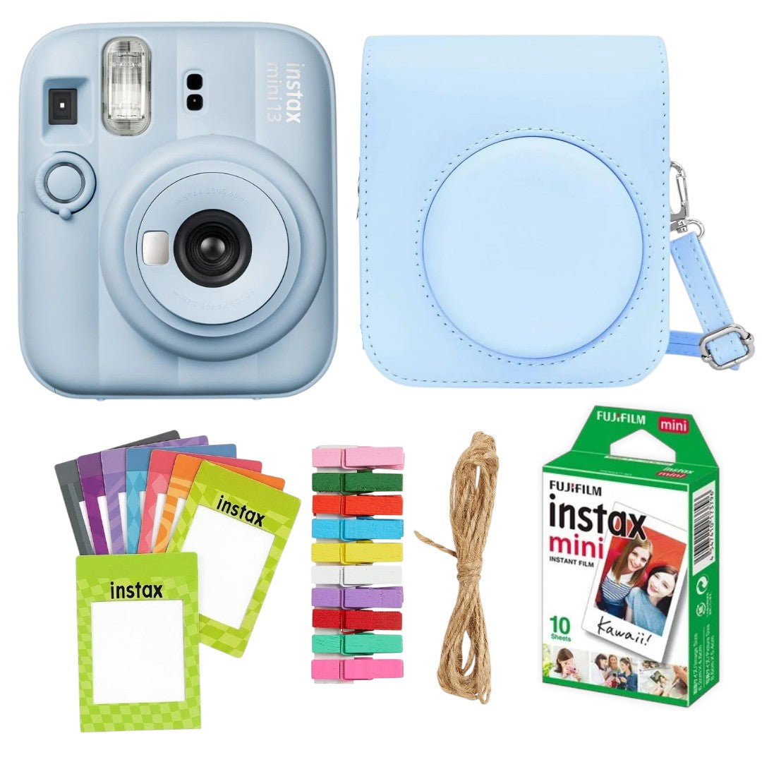 Fujifilm Instax Mini 13 Instant Camera + 10 Shot Films + 1x Camera Case + 10X Paper Photo Frame + 10 Photo Hanging Clips (Memory Maker Pack)Frost Blue