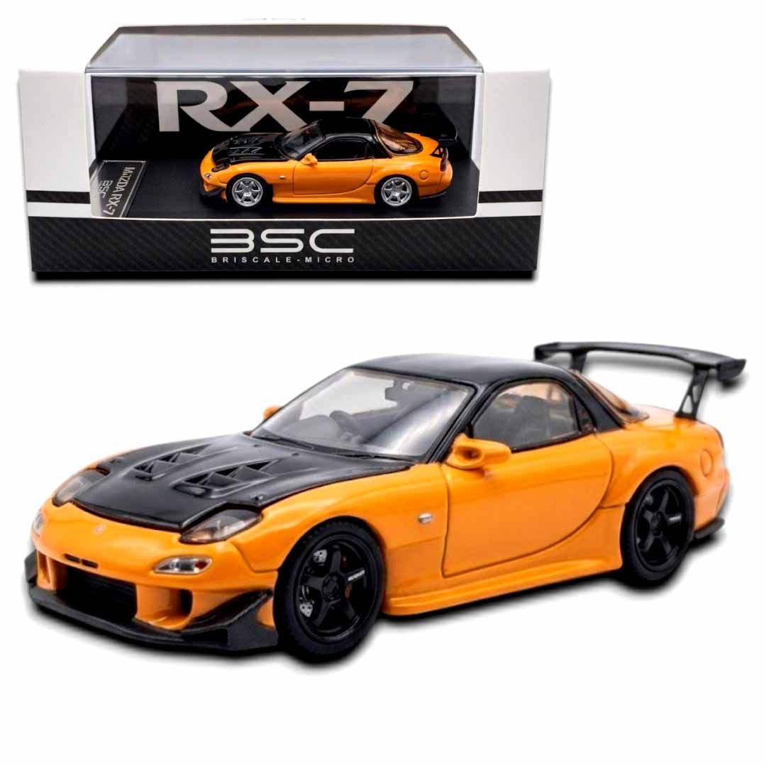 BSC 1:64 Mazda RX-7 Diecast Model Car – Collectible Scale Car with Display Case (Orange)