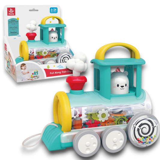 Hola Pull Along Train Engine Toy – Musical Educational Pull Toy with Moving Gears for Babies (6–24 Months)
