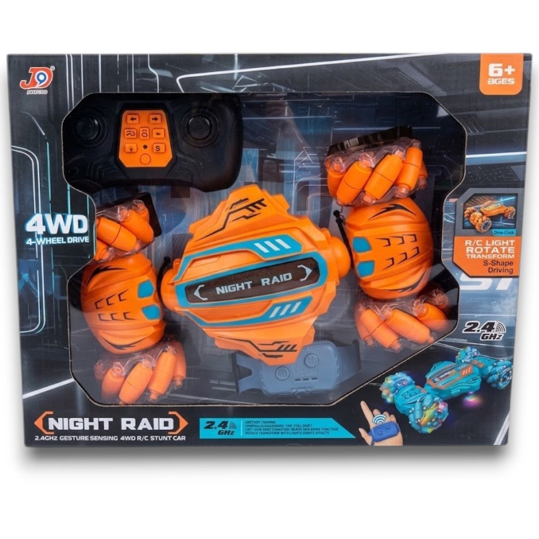 Night Raid 4WD RC Stunt Car – 2.4GHz Gesture Sensing Remote Control Car with Lights & Rotating Wheels (6+ Years)