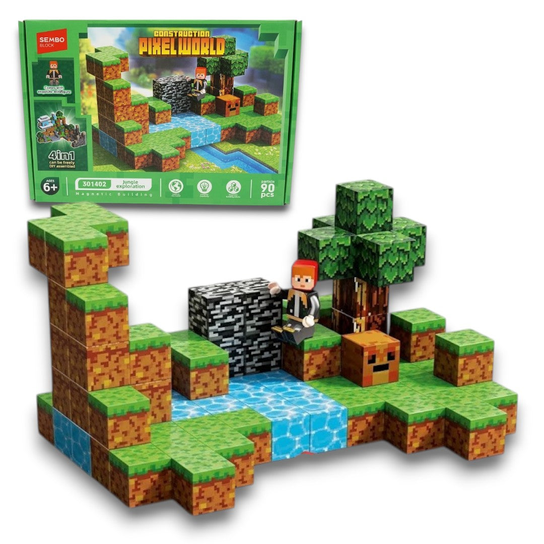 Construction Pixelworld Building Block Set – 4-in-1 Jungle Exploration Model with Minifigure (90 Pieces, 6+ Years)