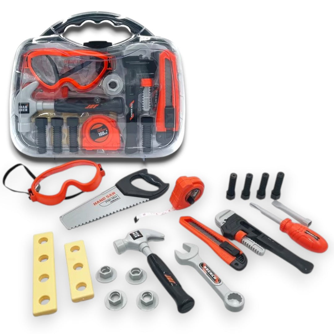 Portable Tool Set with Carry Case – Kids Pretend Play Construction Tool Kit with Safety Goggles, Hammer, Saw & Accessories