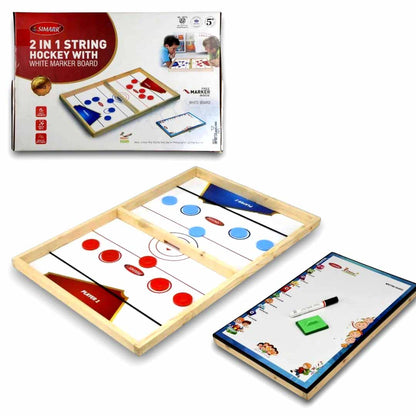 SIMARR 2-in-1 String Hockey Game with White Marker Board – Wooden Sling Puck Fast Hockey Board Game for Kids & Family | Indoor Tabletop Game