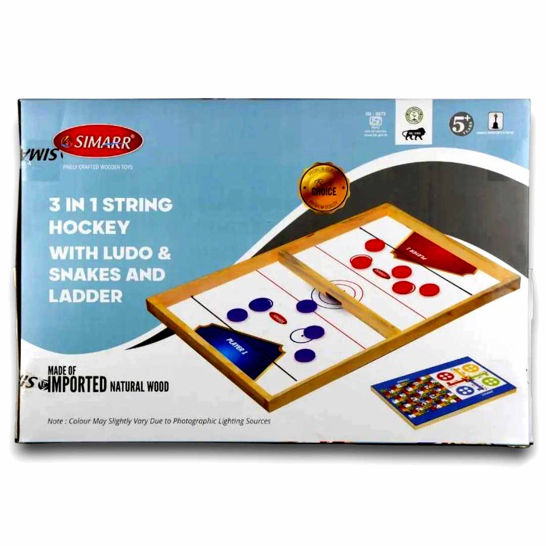 SIMARR 3-in-1 String Hockey Board Game with Ludo & Snakes and Ladders – Wooden Sling Puck Tabletop Game for Kids & Family