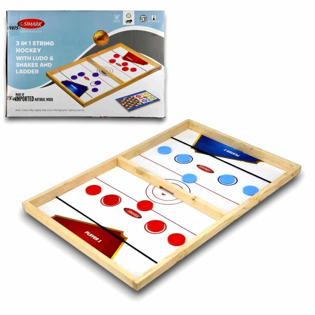 SIMARR 3-in-1 String Hockey Board Game with Ludo & Snakes and Ladders – Wooden Sling Puck Tabletop Game for Kids & Family