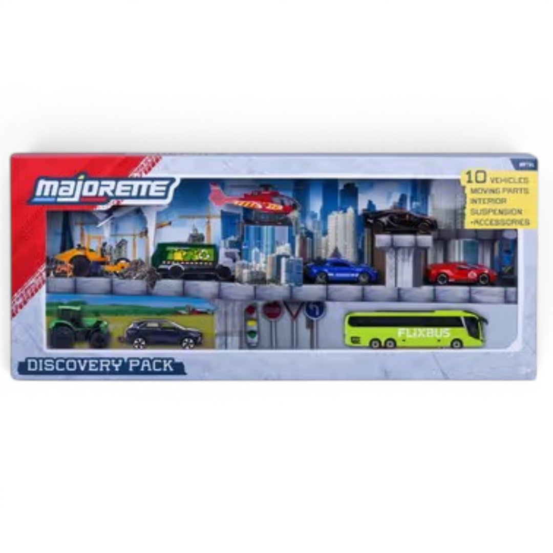Majorette Discovery Pack Toy Vehicle Set – 10 Die-Cast Cars, Bus, Tractor, Helicopter & Accessories
