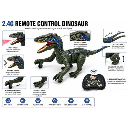 2.4GHz Remote Control Pyro Raptor Dinosaur Toy with Light, Sound & Mist Spray – RC Walking Dinosaur with Realistic Action for Kids