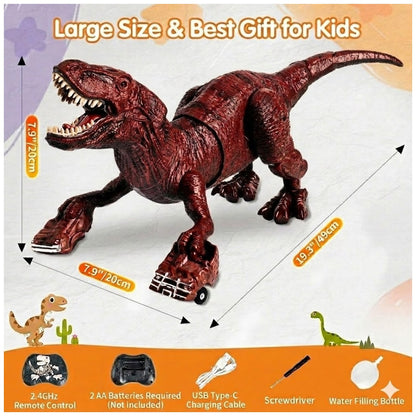 2.4GHz Remote Control T-Rex Dinosaur Toy with Mist Spray, Light & Sound – Walking RC Robot Dinosaur with 360° Head Movement for Kids