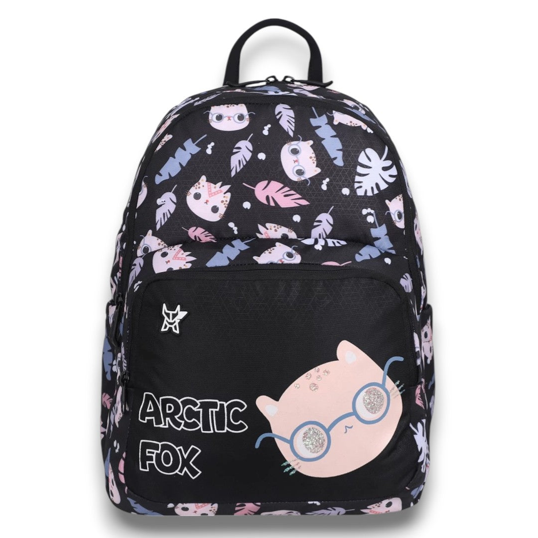 Arctic Fox Cat Print Backpack 16 Inch | Cute Kids School Bag with Multiple Compartments