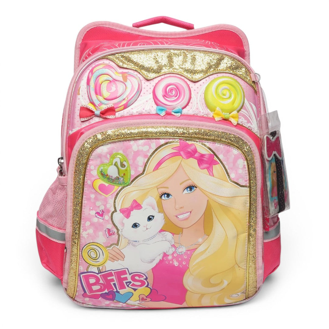 Barbie Girls School Backpack (40.5cm)| Pink Glitter Candy Theme School Bag with Multiple Compartments & Side Pockets