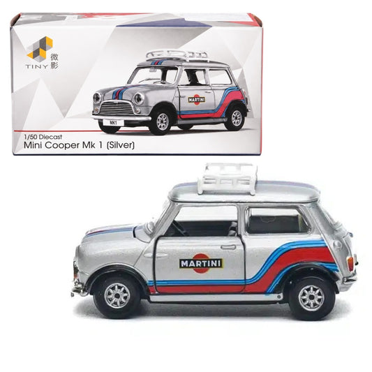 Tiny City 1:50 Mini Cooper Mk 1 Silver Diecast Model Car | MINI0023 Martini Edition Collectible