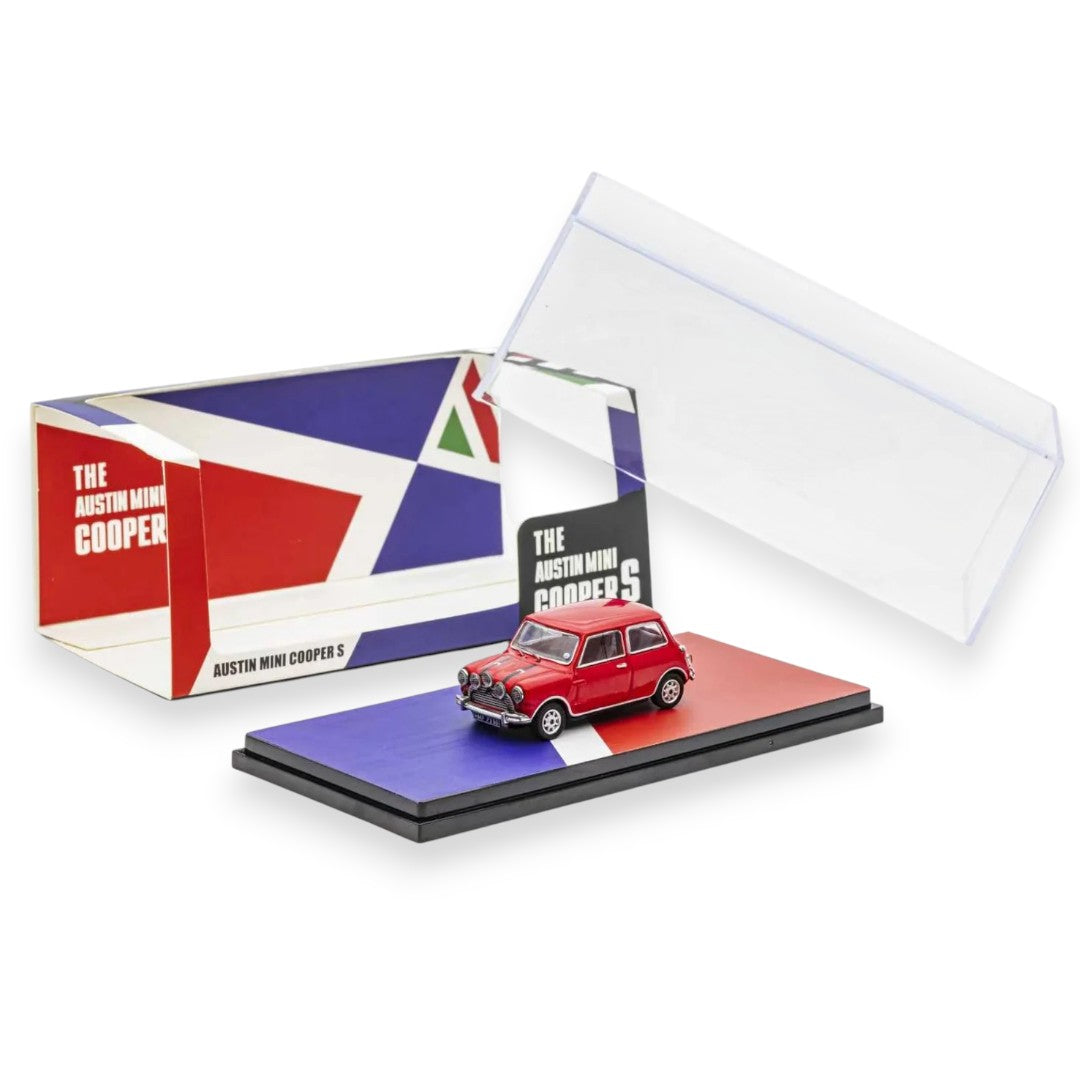 GCD Austin Mini Cooper S 1:64 Diecast Model Car | Classic Mini Collectible with Display Case | Blue, Red & White Variants