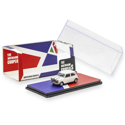 GCD Austin Mini Cooper S 1:64 Diecast Model Car | Classic Mini Collectible with Display Case | Blue, Red & White Variants