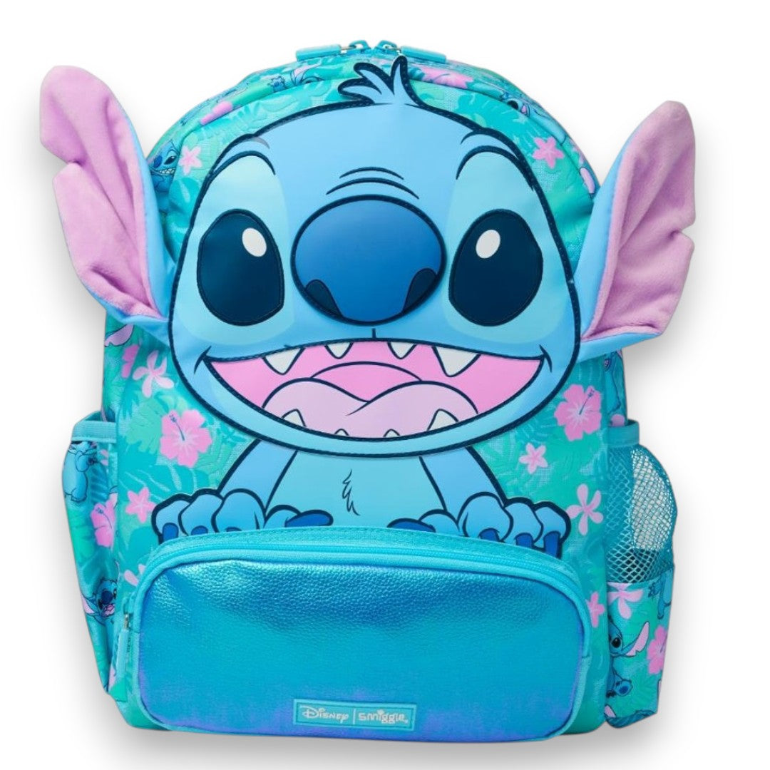 Smiggle Disney Stitch Backpack 32cm with 3D Ears, Front Zip Pocket & Side Bottle Pockets – Blue