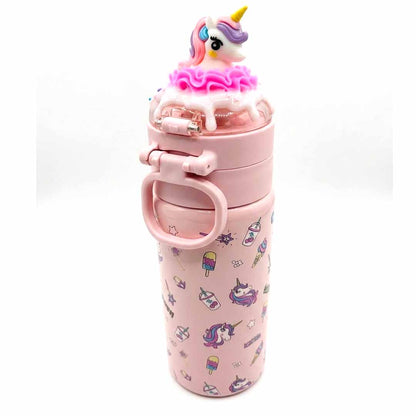 Unicorn Kids Water Bottle 500ML with Straw Lid – Leakproof Cartoon School Water Bottle for Girls