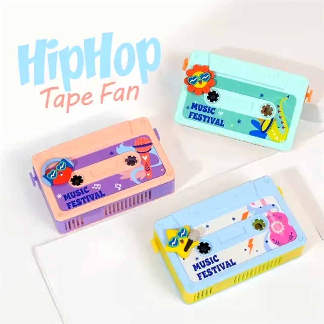 HipHop Tape Fan – Portable Cassette Style Mini Fan with Hand Crank | Retro Music Festival Design Desk Fan (Pack of 1)