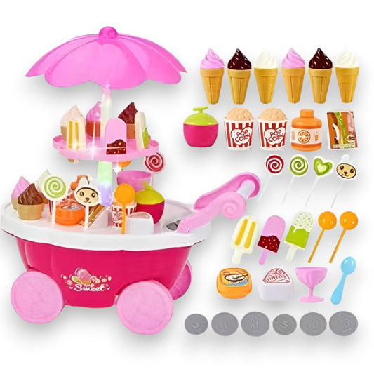 Simarr Kids Ice Cream Cart Playset with Accessories – Pretend Play Dessert Trolley with Popsicles, Cones & Candy Toys