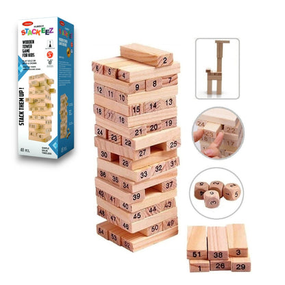 Simarr Number Stackeez Wooden Tower Game – 48 PCS Numbered Balance Blocks with Dice | Educational Stacking Game for Kids