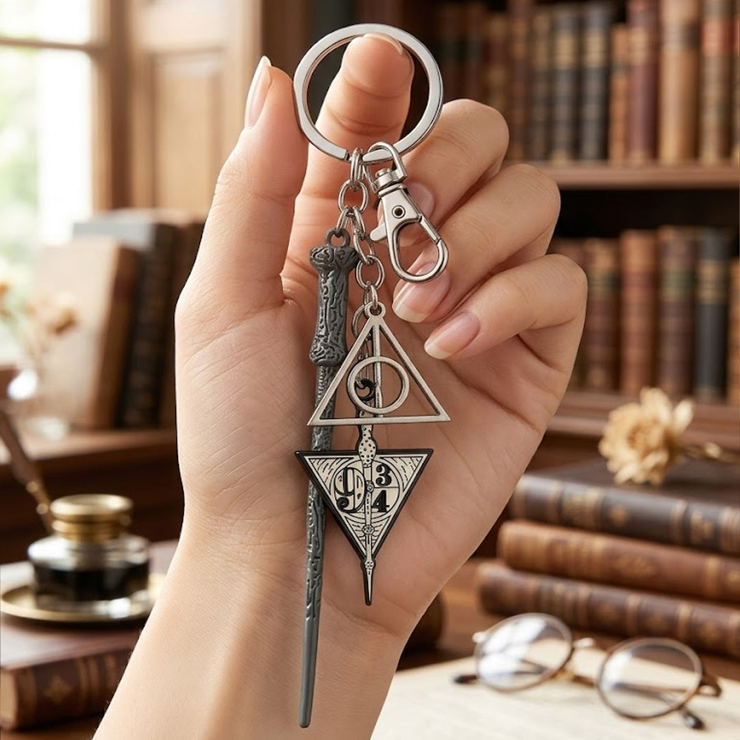 Deathly Hallows & Platform 9¾ Keychain with Wand – Wizard Metal Keyring for Harry Potter Fans