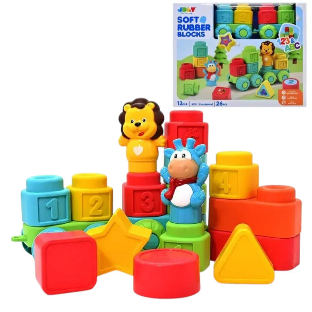 JDLT Soft Rubber Baby Building Blocks Set – 26 Pieces Educational Stacking Toys with Numbers, Shapes & Animals | 12+ Months