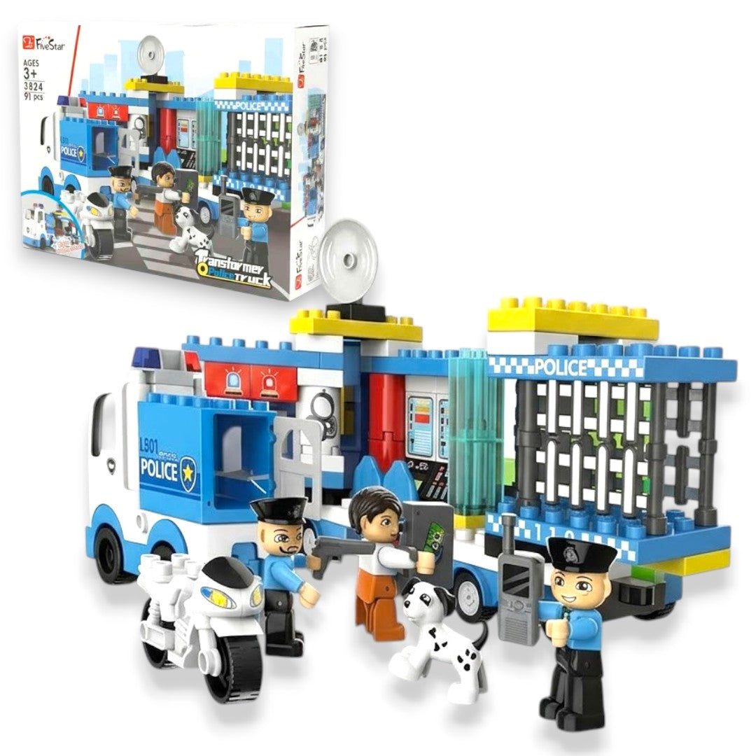 Five Star Transformer Police Truck Building Set – 91 Pieces Police Station Block Toy (3+ Years)