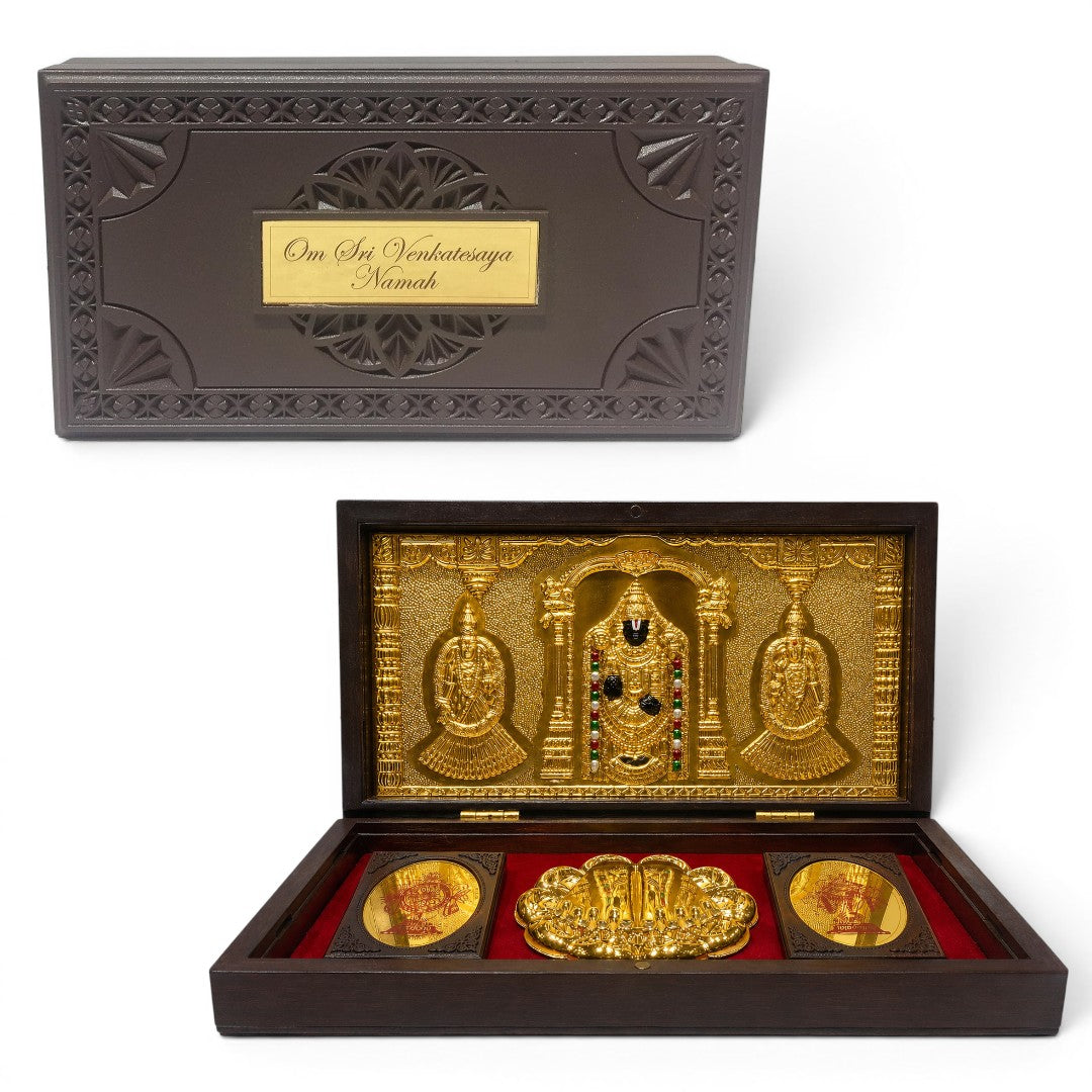 Balaji Wooden Shagun Gift Box with Gold-Plated Tirupati Balaji Frame & Charan Paduka | Premium Spiritual Gift Box for Wedding, Housewarming & Festive Occasions
