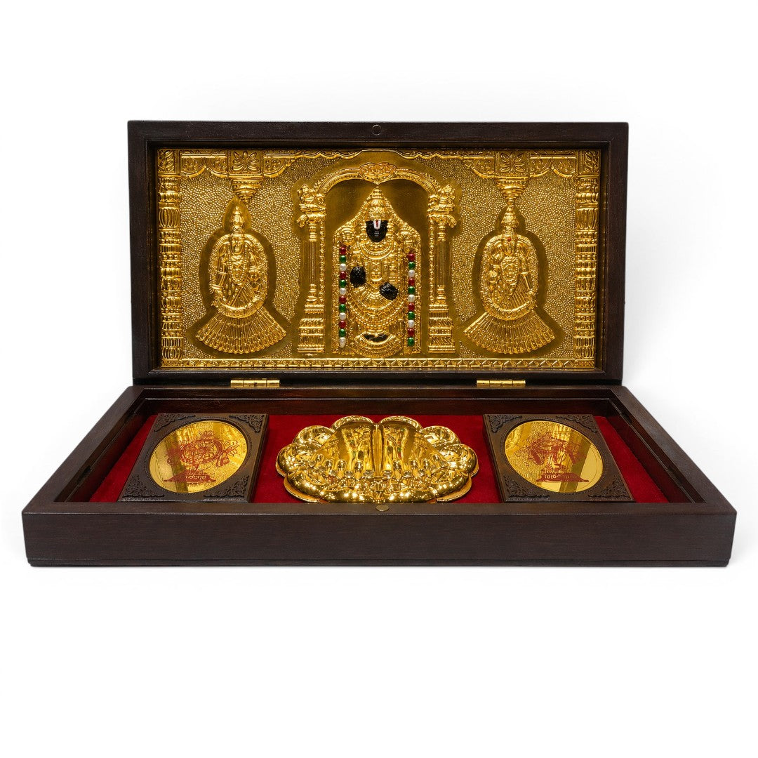 Balaji Wooden Shagun Gift Box with Gold-Plated Tirupati Balaji Frame & Charan Paduka | Premium Spiritual Gift Box for Wedding, Housewarming & Festive Occasions
