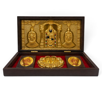 Balaji Wooden Shagun Gift Box with Gold-Plated Tirupati Balaji Frame & Charan Paduka | Premium Spiritual Gift Box for Wedding, Housewarming & Festive Occasions