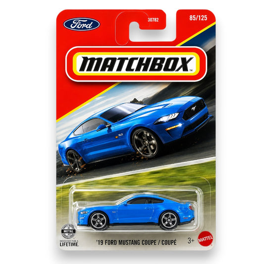 Matchbox 1:64 2019 Ford Mustang Coupe Die-Cast Model Car | Blue Muscle Car Collectible Toy Vehicle (Blister Pack)