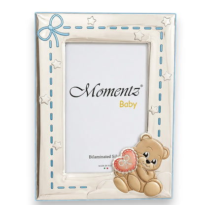 (Distress box) Momentz Baby Teddy Bear Silver Plated Photo Frame | Bilaminated Silver Baby Picture Frame for Nursery Décor & Baby Gifts (Outer Box Slightly Creased/Dirty, Product Inside Perfect Condition)