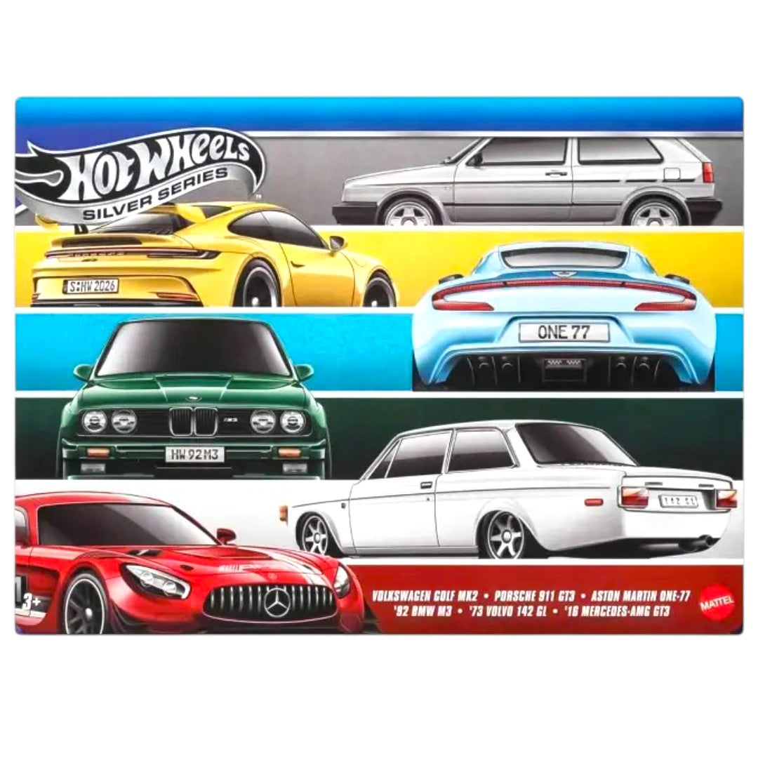 Hot Wheels Silver Series Premium 6-Car Gift Pack Die-Cast Set | Porsche 911 GT3, BMW M3, Mercedes-AMG GT3 & More