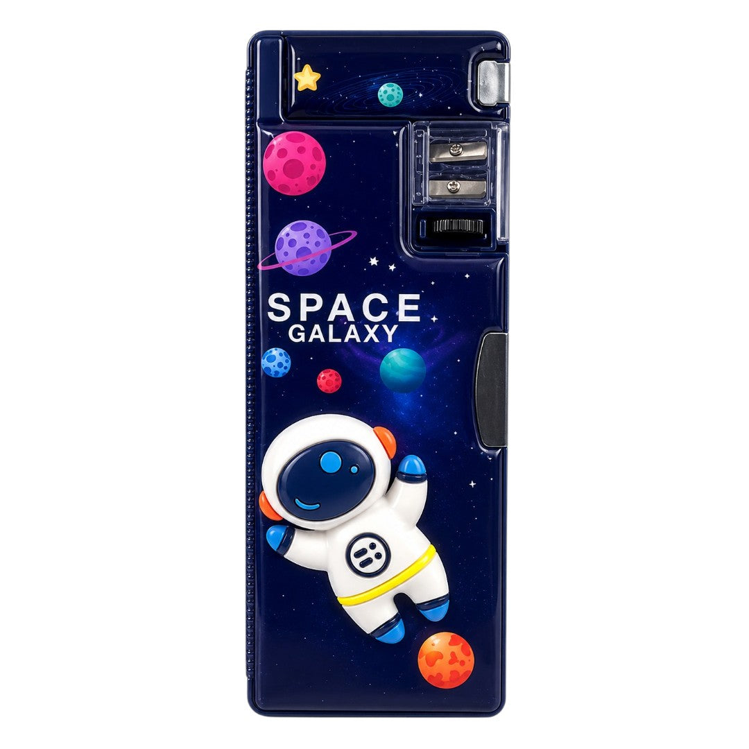 Space Galaxy Kids Pencil Box with Built-in Sharpener | Large Capacity Multifunction Stationery Organizer | Navy Blue