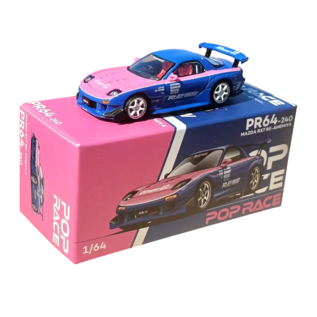 POP RACE Mazda RX-7 RE Amemiya Blue Pink 1:64 Die-Cast Car Model | PR64-246