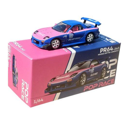 POP RACE Mazda RX-7 RE Amemiya Blue Pink 1:64 Die-Cast Car Model | PR64-246