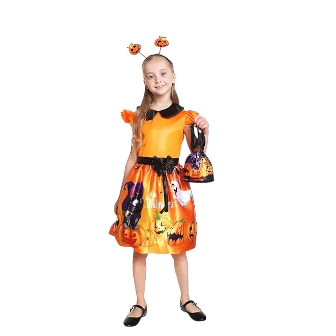 Girls’ Pumpkin Ghost Halloween Costume Dress – Cosplay Party Outfit