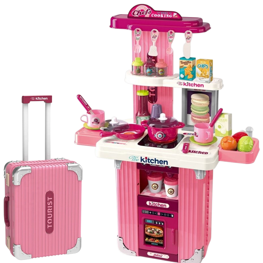 Portable Kids Kitchen Play Set with Suitcase – Pretend Cooking Toy Set with Utensils, Food Accessories & Storage Case for Children 3+