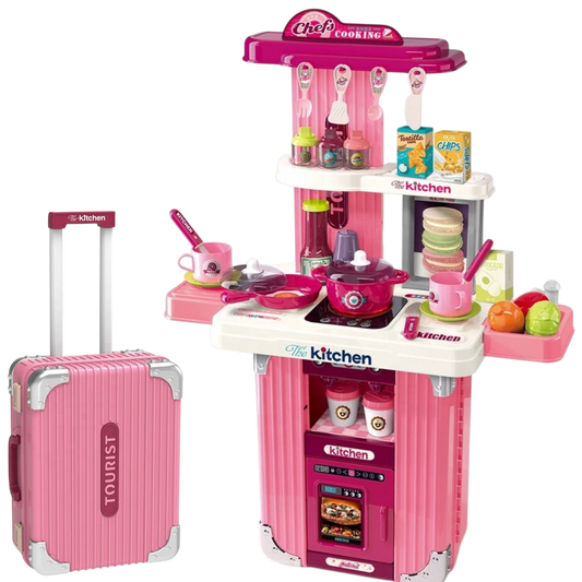 Portable Kids Kitchen Play Set with Suitcase – Pretend Cooking Toy Set with Utensils, Food Accessories & Storage Case for Children 3+