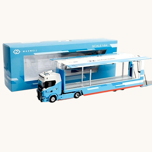 Maxwell 1:64 Scania S730 V8 Hyundai Transport Truck Die-Cast Model | Premium Car Carrier Trailer