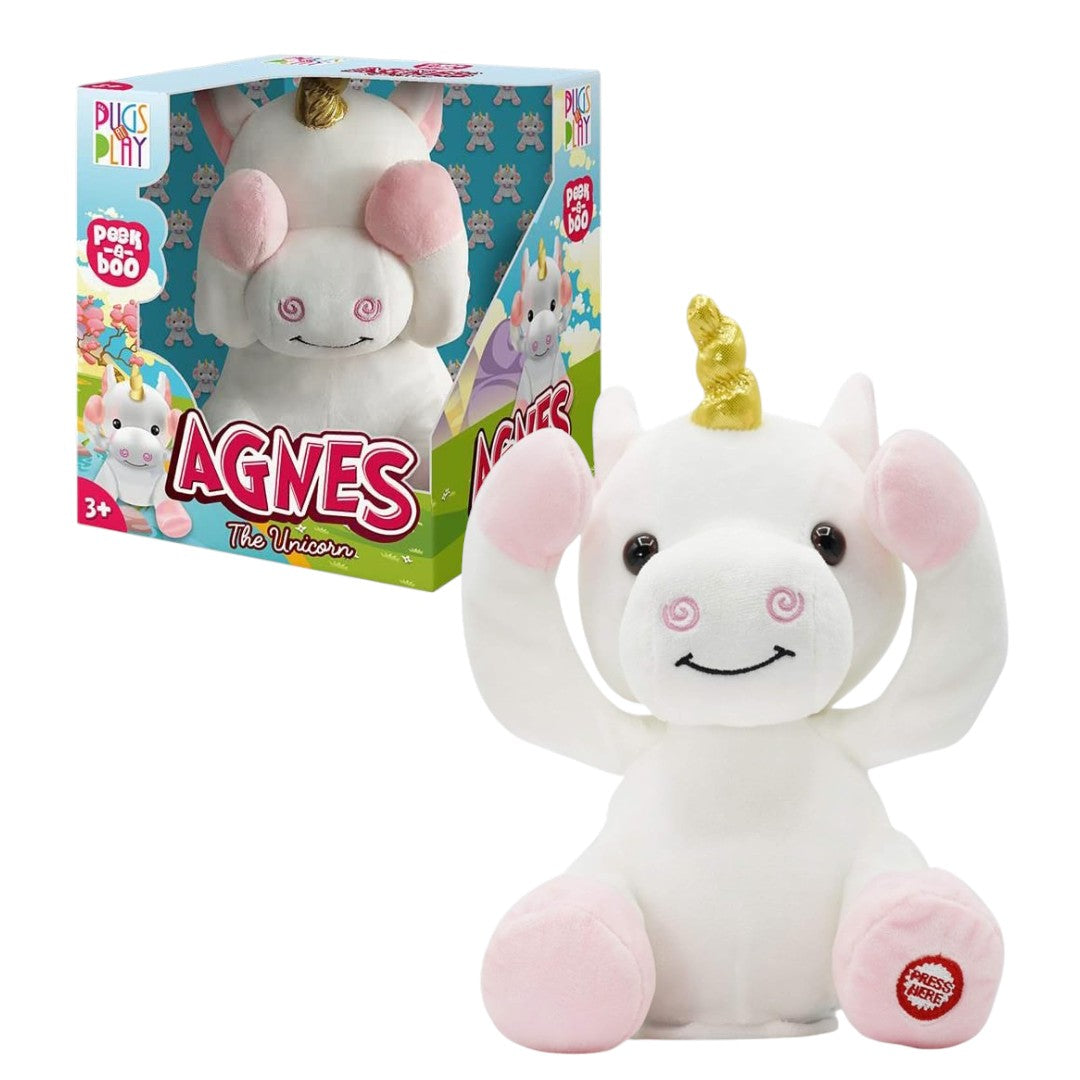 Fuzzbuzz Plugs at Play Agnes the Unicorn Plush Toy | Interactive Peek-a-Boo Soft Stuffed Unicorn for Kids | Musical Plush Toy | Ages 3+