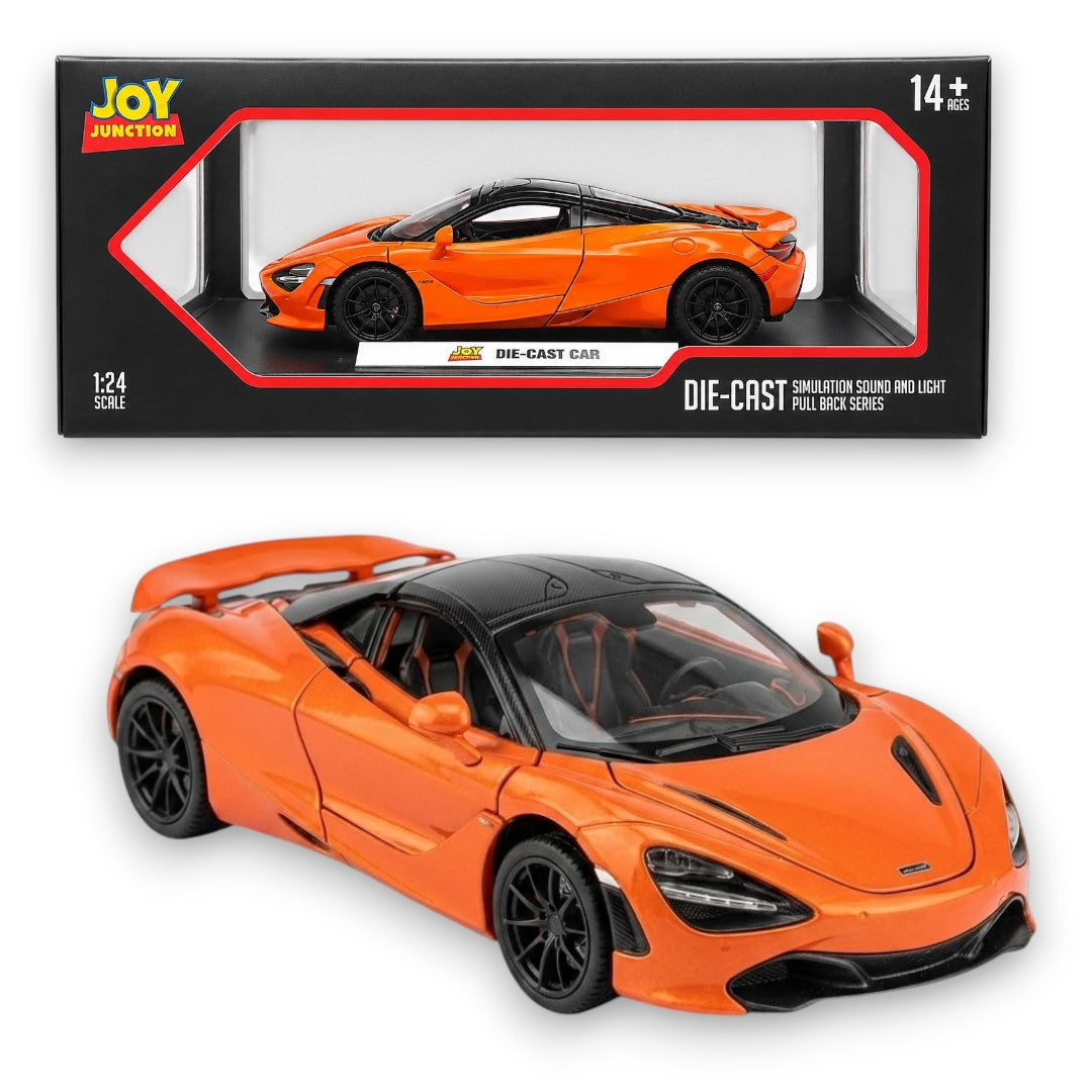 Joy Junction 1:24 Scale McLaren 720S Die-Cast Model Car | Pull Back Sports Car with Sound & Light | Orange Collectible Toy Car