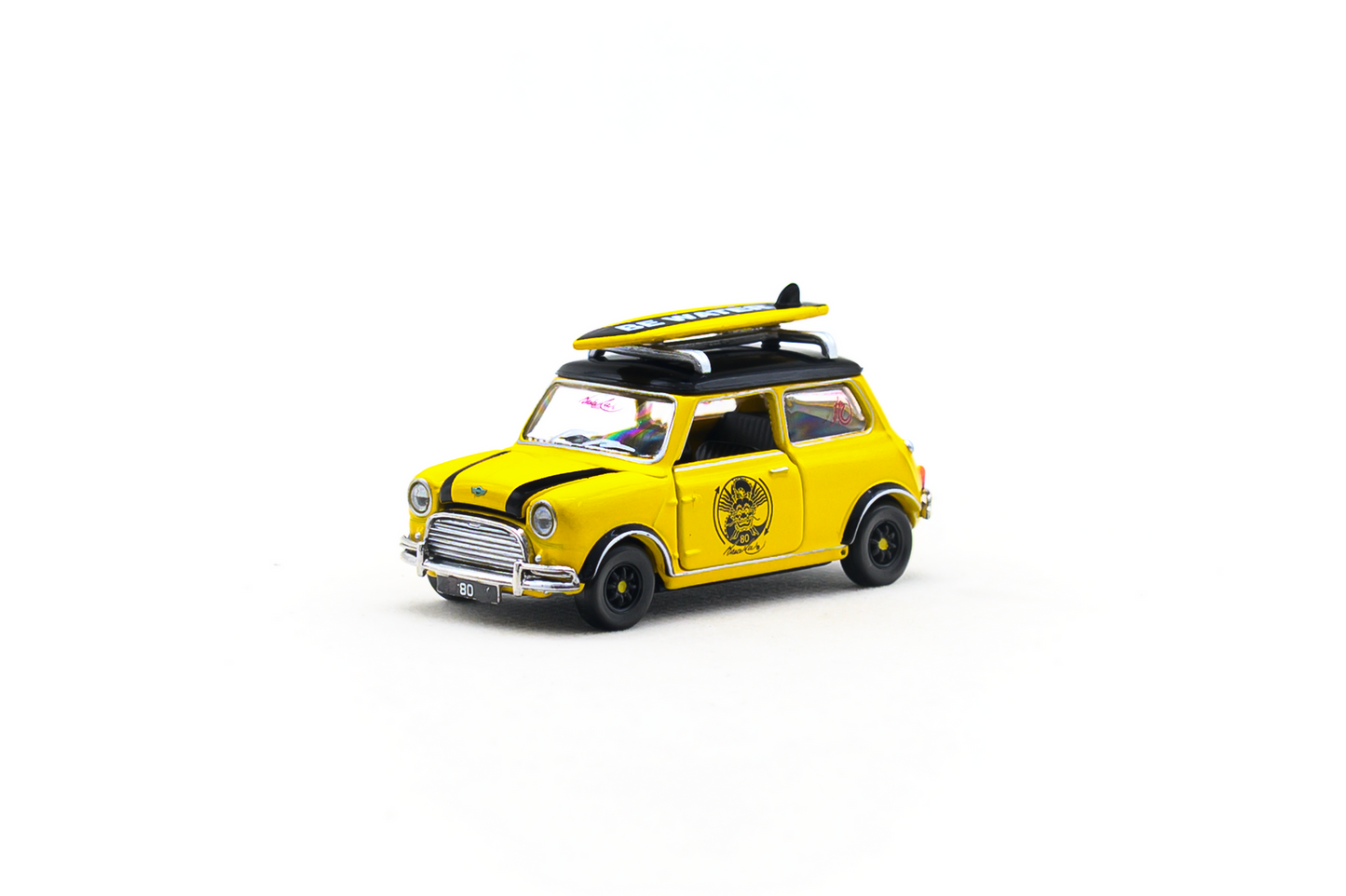 Mini Cooper Mk1 Bruce Lee Edition 1:50 Scale Die-Cast Model Car with Surfboard | Tiny City Collectible Display Vehicle