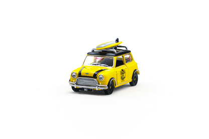 Mini Cooper Mk1 Bruce Lee Edition 1:50 Scale Die-Cast Model Car with Surfboard | Tiny City Collectible Display Vehicle