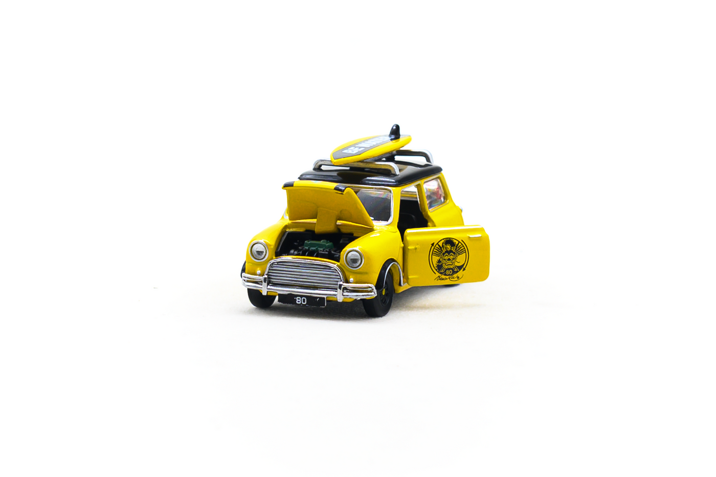 Mini Cooper Mk1 Bruce Lee Edition 1:50 Scale Die-Cast Model Car with Surfboard | Tiny City Collectible Display Vehicle