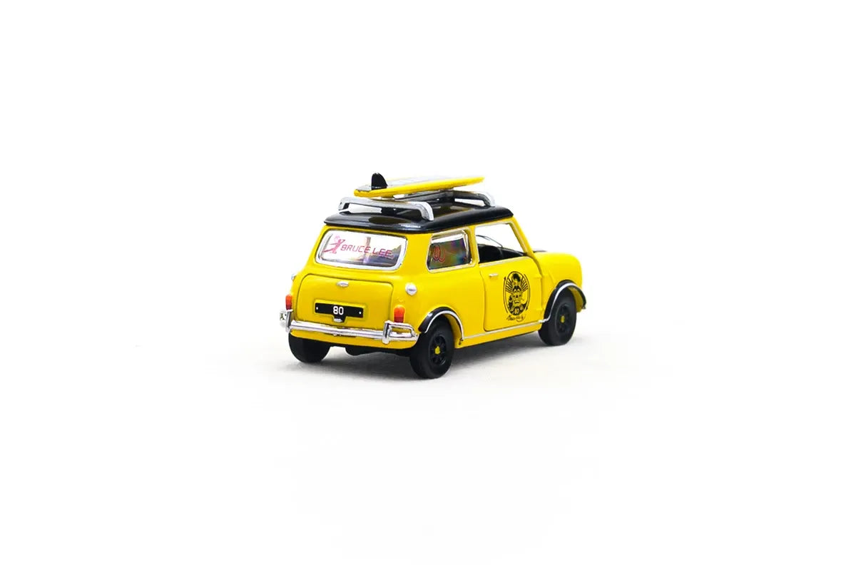 Mini Cooper Mk1 Bruce Lee Edition 1:50 Scale Die-Cast Model Car with Surfboard | Tiny City Collectible Display Vehicle