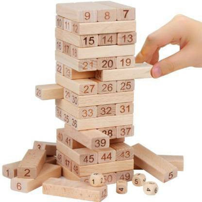 Simarr Number Stackeez Wooden Tower Game – 54 Numbered Wooden Blocks with Dice | Classic Stacking Balance Game for Kids & Family