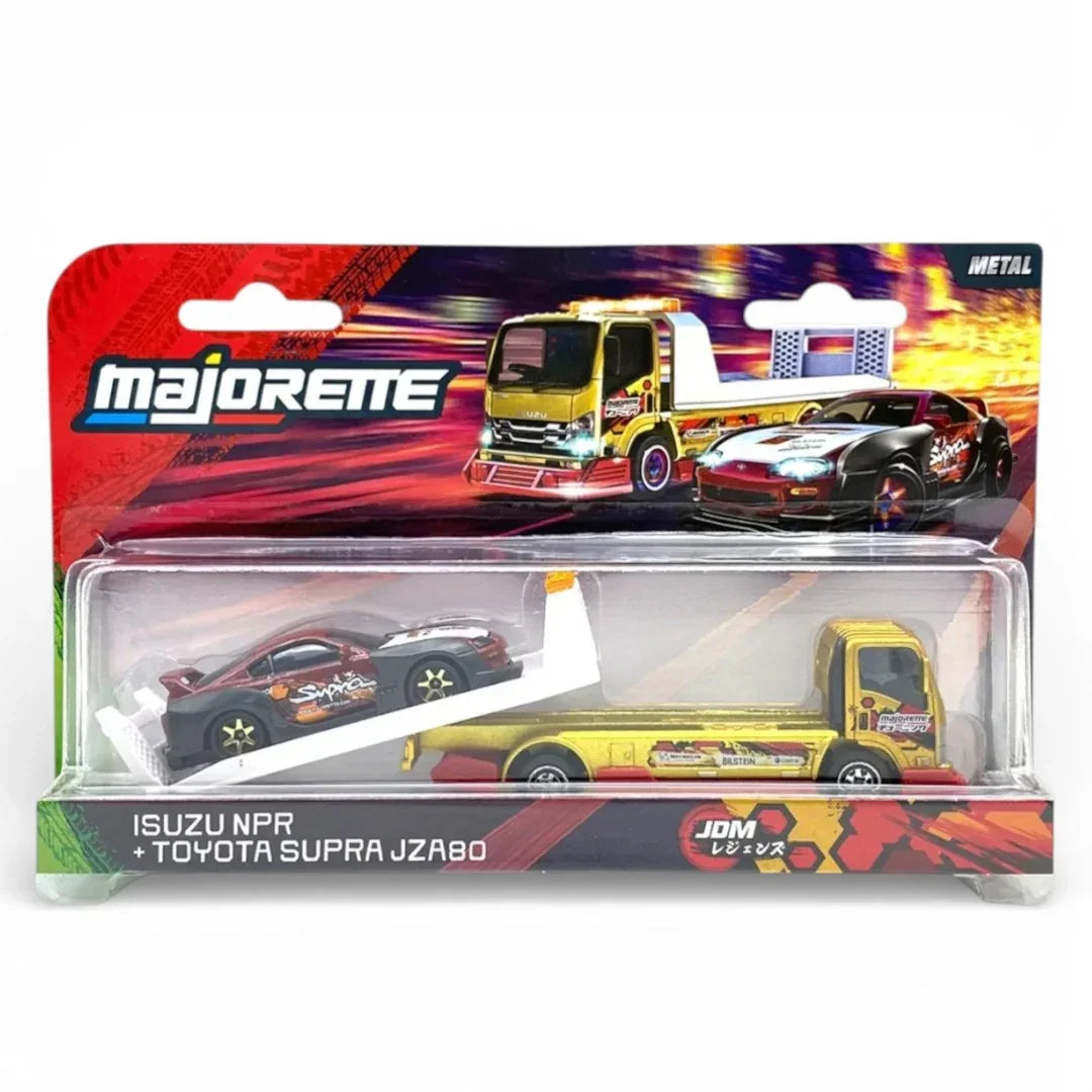 Majorette 1:64 JDM Legends Tuning Transporter – Isuzu NPR Tow Truck + Toyota Supra JZA80 | Diecast Car Set