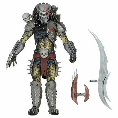 Predator action figure with armor, skull accessories, and two detachable weapons on white background