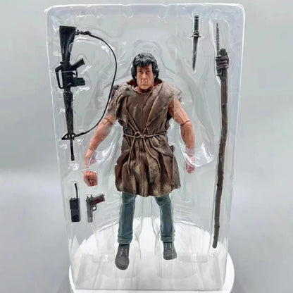 Action figure with brown cloak, rifle, pistol, knife, walkie-talkie, and spear accessories